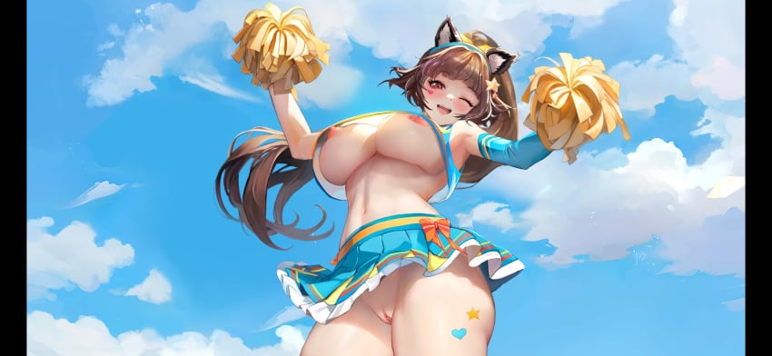 aeons_echo animal_ears biscuit_(aeons_echo) breasts cheerleader highres large_breasts long_hair no_panties nutaku one_eye_closed pom_pom_(cheerleading) uncensored underboob