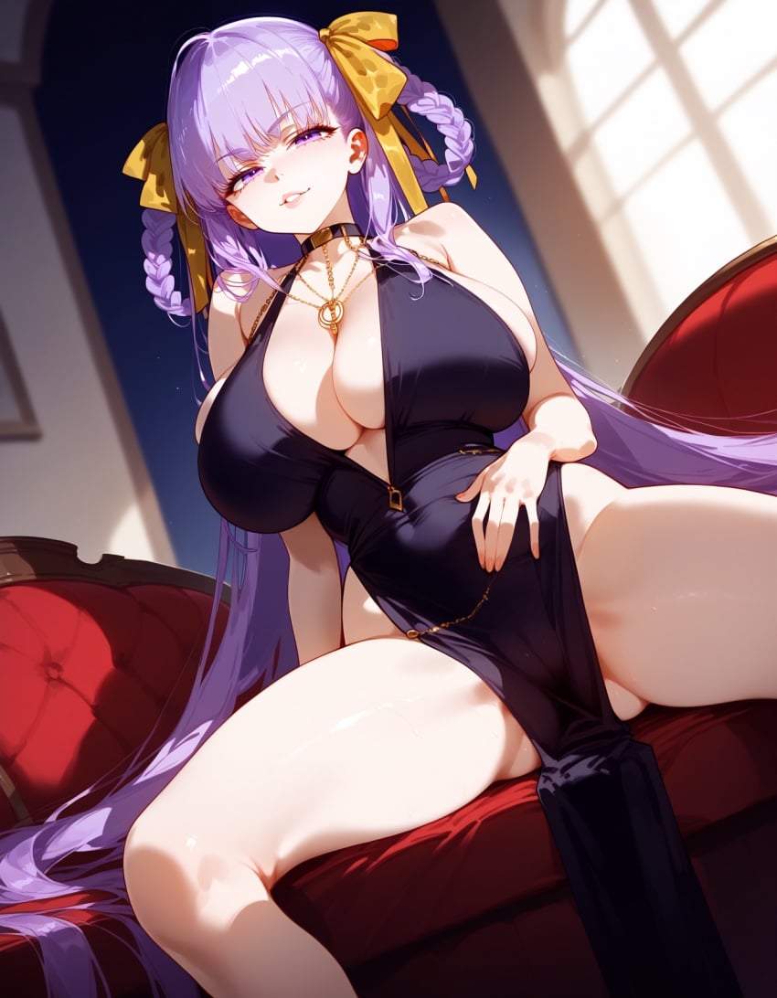 1girls ai_generated balecxi bb_dubai_(fate) bedroom big_breasts breasts center_opening dress fate/grand_order fate_(series) huge_breasts mature_female no_panties pelvic_curtain purple_hair sitting solo spread_legs