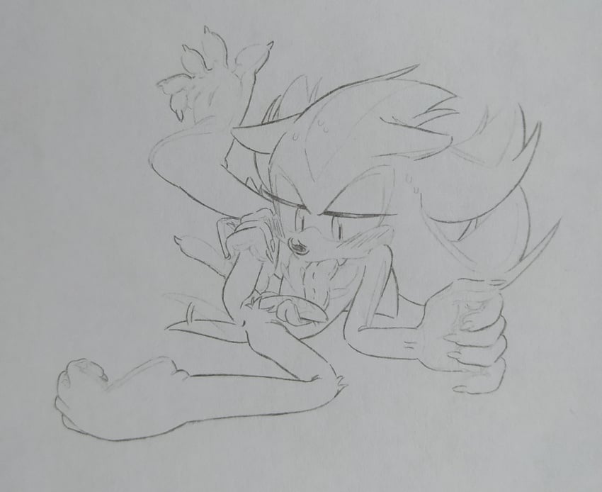 animal_penis anus autofellatio clawed_fingers clawed_toes furry long_tongue madeinaroace male penis sega shadow_the_hedgehog sketch solo sonic_(series) traditional_media_(artwork)