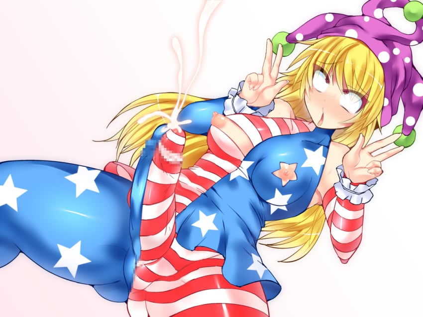 1futa ahe_gao american_flag american_flag_armwear american_flag_legwear american_flag_shirt areolae blonde_hair bodysuit bound censored clothed clothing clownpiece cum cum_through_clothes ejaculation erect_nipples female futa_only futa_sans_balls futanari hair handsfree_ejaculation hisui_(stapspats) intersex mostly_clothed orgasm pale_skin penis pussy rolling_eyes stapspats tongue tongue_out touhou