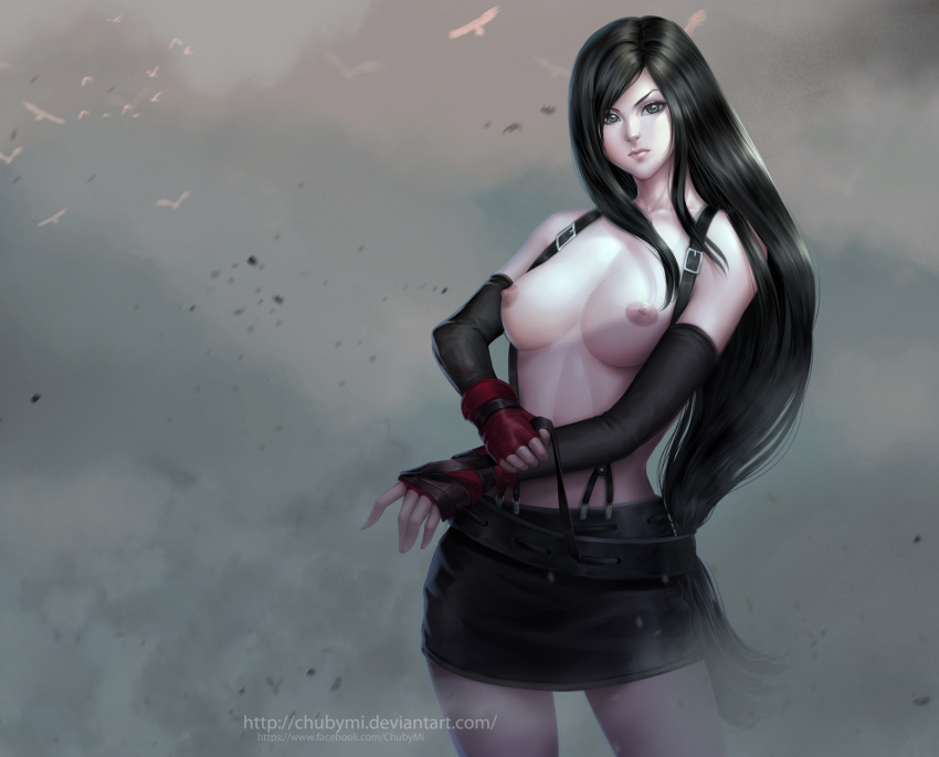 black_hair breasts chubymi elbow_gloves female female_only final_fantasy final_fantasy_vii fingerless_gloves human looking_at_viewer navel nipples skirt solo stomach suspenders tifa_lockhart topless upper_body