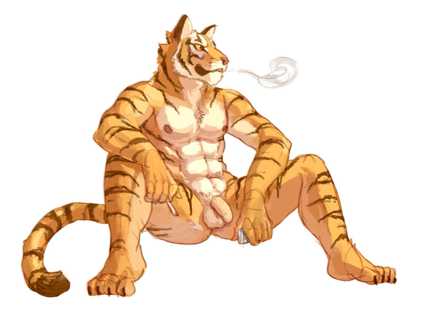 1boy 496549736_(artist) abs anthro areola ass balls barefoot biceps cigarette claws feline fur long_foreskin looking_away male male_only mammal manly muscles navel nipples pecs penis simple_background sitting smoke smoking solo spread_legs spreading tiger toe_claws tongue tongue_out uncut white_background