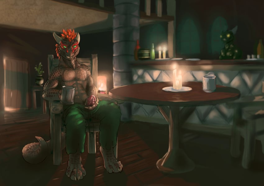 1boy 2015 4_toes animal_genitalia anthro argonian bar bethesda biceps brown_scales candle chair claws clothed clothing digitigrade dragon erection feathers fireplace furaffinity green_eyes half-dressed horn looking_at_viewer male male_only masturbation muscles orange_feathers pants penis precum presenting public_topless scalie scritt shiny sitting smile solo tavern teeth the_elder_scrolls toe_claws toes topless video_games