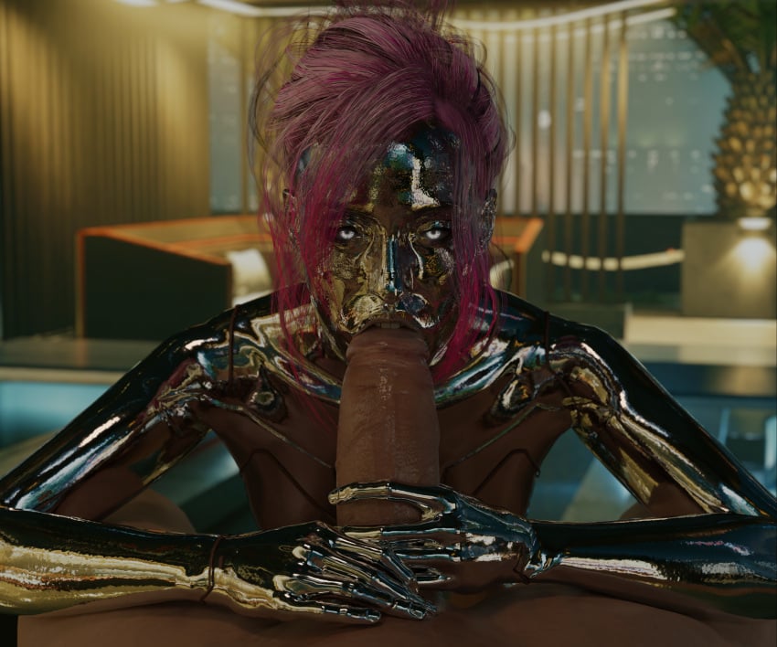 1boy 1girls 3d blowjob cyberpunk cyberpunk_2077 emberstock eye_contact fellatio female just_the_tip large_penis lizzy_wizzy looking_at_viewer oral oral_sex partial_male pink_hair pov purple_hair reflection seductive_mouth shiny_skin teeth teeth_showing