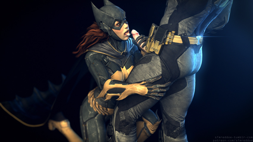 3d batgirl batgirl_(arkham_knight) batman batman:_arkham_knight batman_(series) cum cum_on_face dc dc_comics fellatio female male oral reddoe source_filmmaker