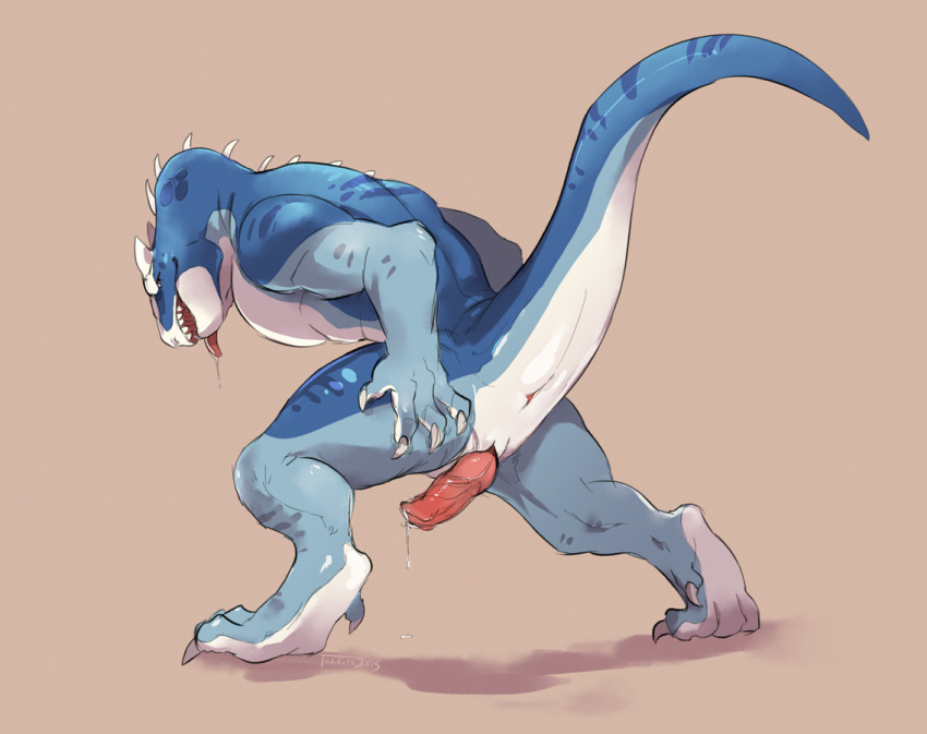 1boy 2015 allosaurus animal_genitalia anthro anus ass ass_grab blue_scales claws color digitigrade dinosaur erection furikake genital_slit hand_on_ass leaning leaning_forward looking_back male male_only muscular penis precum presenting raised_tail rear_view red_eyes sain saliva scalie simple_background slit smile solo spines tongue tongue_out