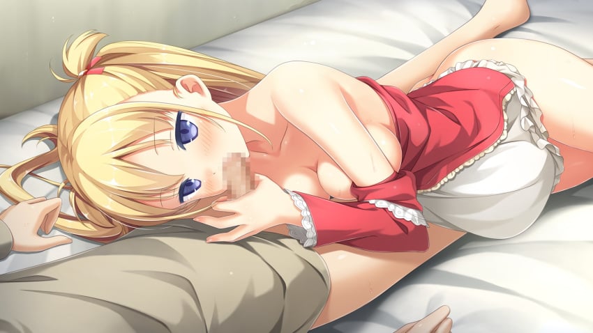 alice_third_macy bare_shoulders blonde_hair blue_eyes blush breasts censored cleavage collarbone dress_pull fellatio female game_cg handjob highres human kantoku koi_suru_kanojo_no_bukiyou_na_butai long_hair lying male mosaic_censoring no_bra no_panties on_bed on_side oral penis solo_focus straight sweatdrop