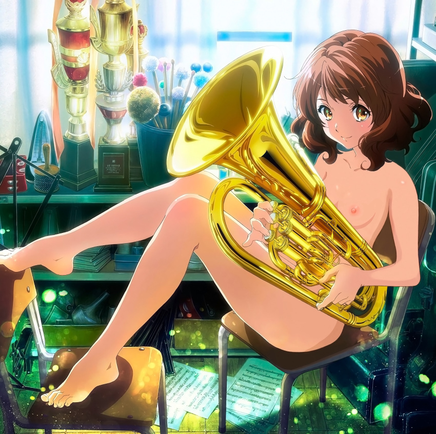 artist_request barefoot breasts brown_hair chair euphonium feet female female_protagonist hibike!_euphonium highres instrument leg_grab looking_at_viewer lying nipples nude nude_filter oumae_kumiko short_hair sitting small_breasts smile solo toes