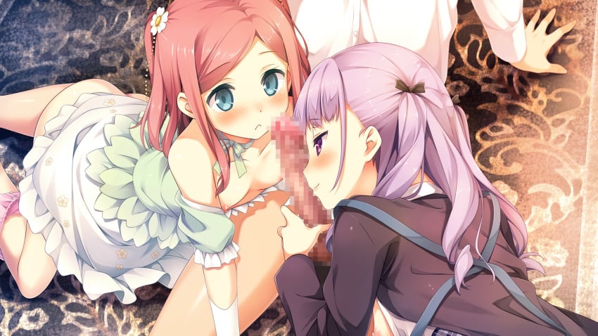 2girls bangs blue_eyes blush bow censored chiyoda_momoka dress female flower game_cg hair_flower hair_ornament handjob highres human kantoku koi_suru_kanojo_no_bukiyou_na_butai kokonoe_maria long_hair male mosaic_censoring multiple_females nipples panties panties_around_leg penis purple_eyes purple_hair red_hair small_breasts smile straight swept_bangs teamwork underwear