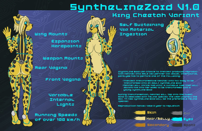 android anthro big_breasts breasts cheetah dragonmanmike feline female gender_transformation glowing glowing_eyes hair looking_at_viewer machine mammal mecha model_sheet nude pussy robot rubber simple_background solo spots synthlinezoid transformation