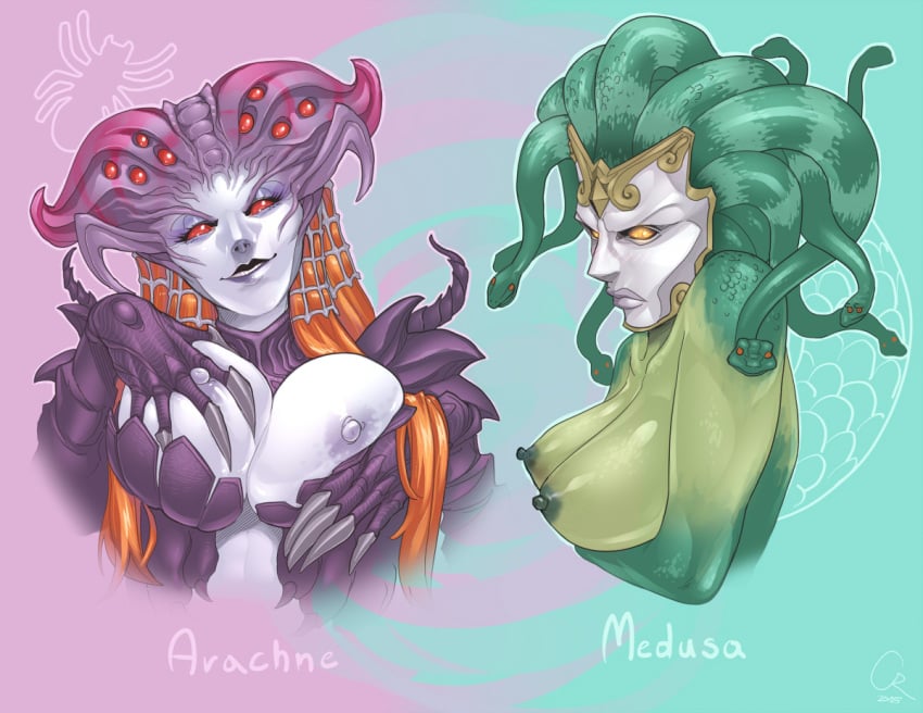 2girls angry arachne_(smite) areola areolae big_breasts breast_grab breast_lift breasts cedargrove claws female green_skin inverted_nipples large_breasts looking_at_viewer medusa_(smite) monster_girl multi_eye multiple_girls nipples nude pose purple_skin red_eyes red_hair red_sclera scales smirk smite snake spider_girl yellow_eyes yellow_sclera