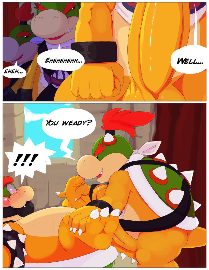 ! ... ? anthro ball_gag balls barefoot bib big_nose big_penis blush bowser bowser_jr. claws close-up comic dialogue dragon english_text erection father gag hair half-closed_eyes hi_res holding_penis hybrid imminent_sex incest koopa looking_back looking_down looking_up lying male mario_(series) nintendo nude on_back open_mouth parent penis penis_grab question redemption3445 reptile scalie sex_toy sharp_claws sharp_teeth smile son spikes super_mario_bros. teeth text thick_penis toe_claws turtle uncut video_games yaoi