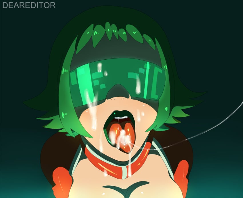 after_fellatio after_oral bad_id bara_(pokemon) bryony_(pokemon) cleavage cum cum_trail deareditor female green-tinted_eyewear green_hair green_lipstick human human_only lipstick makeup nintendo open_mouth pokemon pokemon_xy short_hair solo team_flare teeth testicles tinted_eyewear tongue tongue_out visor