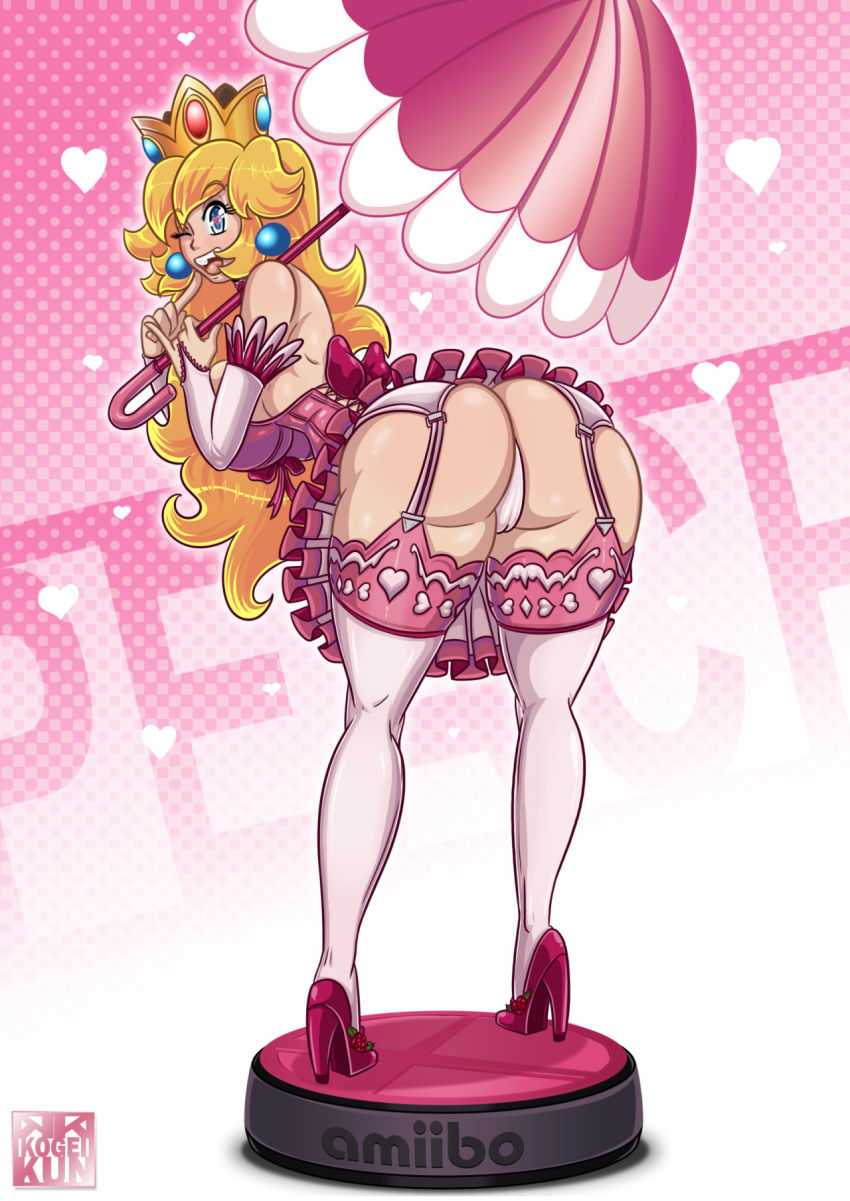 1girls amiibo arched_back ass bare_shoulders bent_over big_ass blonde_hair blue_eyes blush breasts bridal_gauntlets cameltoe character_name clothed crown dress dress_lift earrings female female_only finger_to_mouth from_behind full_body garter_belt gradient_background heart heart-shaped_pupils heart_eyes high_heels highres human kogeikun large_ass large_breasts leaning_forward long_hair looking_at_viewer looking_back mario_(series) nintendo open_mouth panties pantyshot pink_background princess_peach simple_background smile solo standing symbol-shaped_pupils thighhighs thong umbrella white_legwear wink