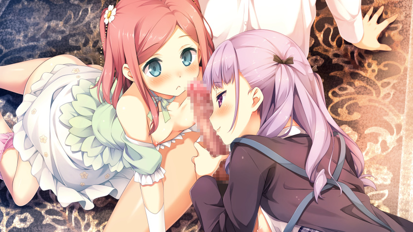 2girls aqua_eyes bangs blush bow censored chiyoda_momoka dress female flower game_cg hair_flower hair_ornament handjob highres human kantoku koi_suru_kanojo_no_bukiyou_na_butai kokonoe_maria long_hair male mosaic_censoring multiple_females nipples panties panties_around_leg penis purple_eyes purple_hair red_hair small_breasts smile straight swept_bangs underwear