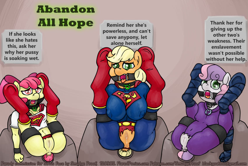 anthro anthrofied apple_bloom_(mlp) applejack_(mlp) blonde_hair bondage boots bound breasts clothing cosplay crossover dated dc dc_comics depowered english_text equine folded footwear friendship_is_magic gag group hair helpless horse looking_at_viewer mammal mare_do_well multicolored_hair multiple_girls multiple_subs muscular my_little_pony nipples nude open_mouth open_mouth_gag orgasm party_wipe presenting pussy pussy_ejaculation pussy_juice red_hair ring_gag rubber small_breasts smooth_skin smudge_proof superfilly supergirl_(cosplay) superman_(cosplay) supermare sweetie_belle_(mlp) teeth text torn_clothing url wet