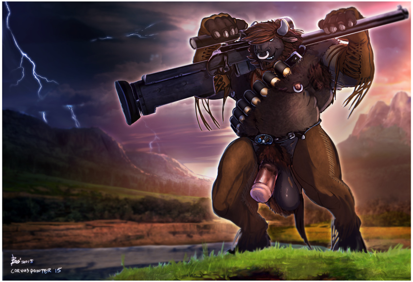 2015 ammo_belt anthro balls big_balls bin_(artist) bovine buffalo chubby clothing corvuspointer facial_piercing fingerless_gloves gloves gun hooves horn lightning male male_only mammal minotaur musclegut nipple_piercing nipples nose_piercing nose_ring penis piercing ranged_weapon rifle sniper_rifle solo storm taur tauren weapon