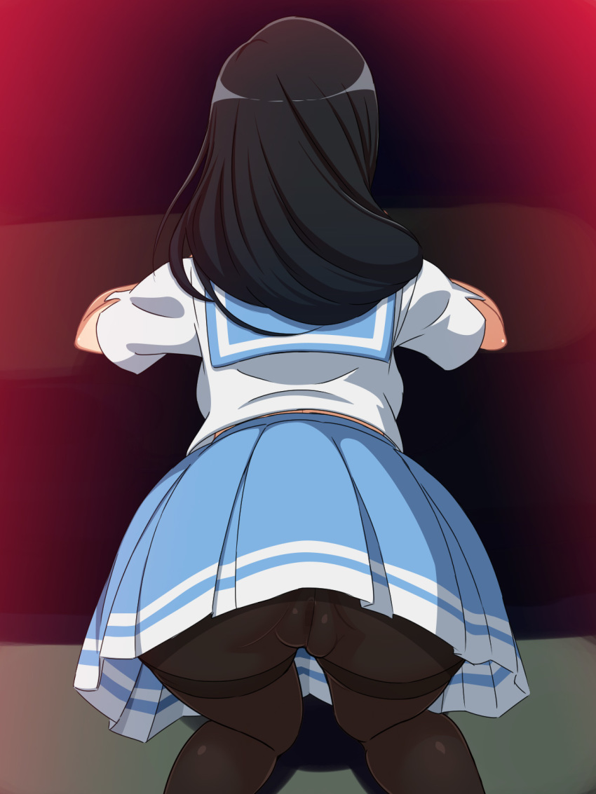 ass backboob black_hair breasts clothing female from_behind gradient_background hibike!_euphonium kneeling legs long_hair no_panties pantyhose pussy school_uniform skirt solo tanaka_asuka thighs yuki_(12cut)