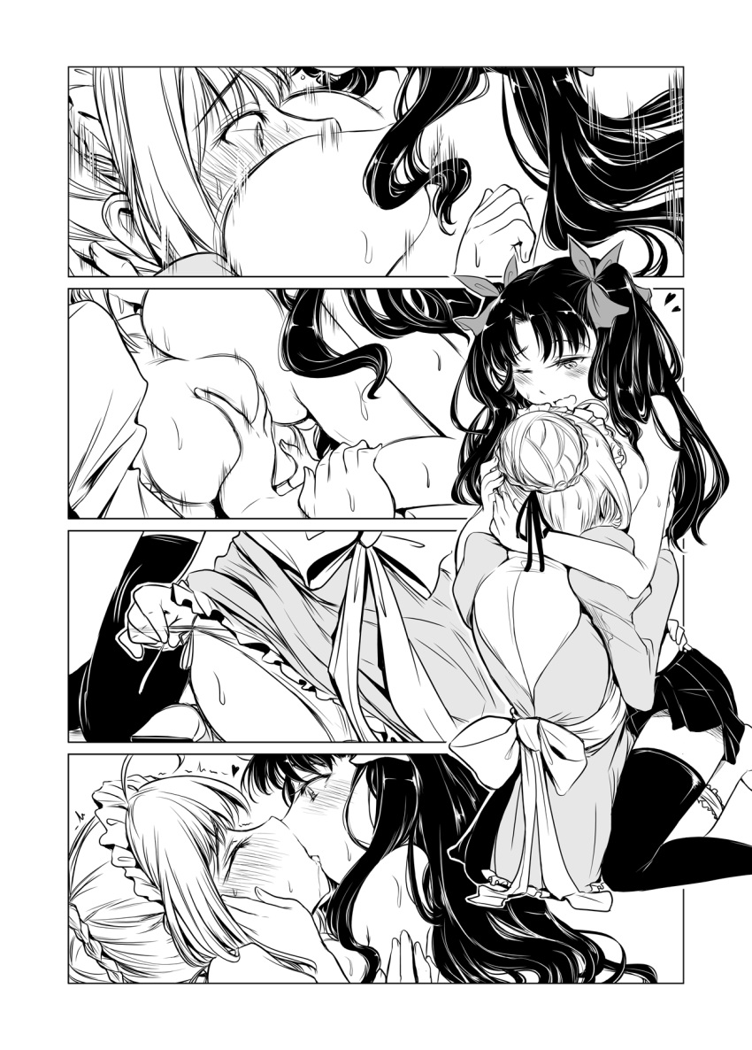 2girls artoria_pendragon between_breasts big_breasts black_and_white black_hair breasts_on_face breasts_to_breasts closed_eyes clothed_male_nude_female comic fate/stay_night fate_(series) female french_braid girl_on_top hair_ribbons kissing maid maid_headdress manga monochrome pulling_panties saber tohsaka_rin topless twintails yuri yuriwhale