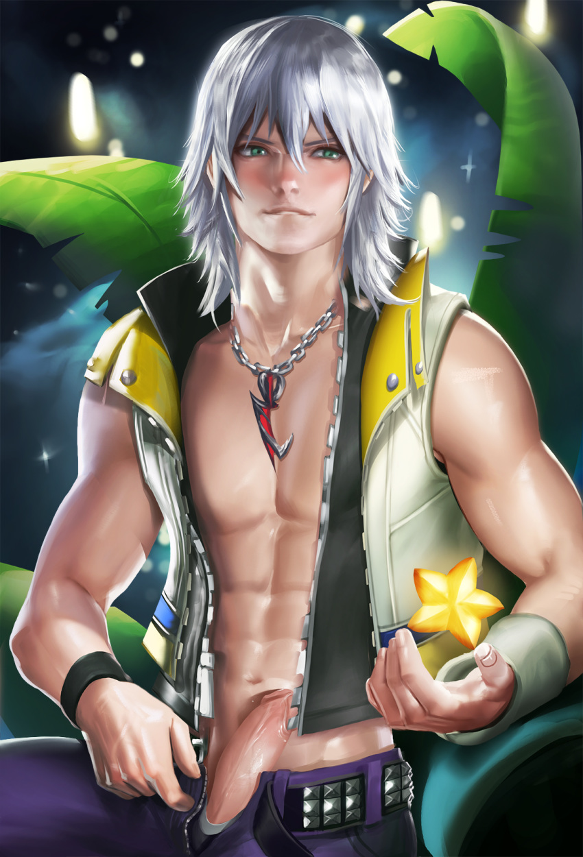 abs aqua_eyes erection jewelry kingdom_hearts male male_only navel pendant penis riku sakimichan silver_hair solo upper_body vest watermark