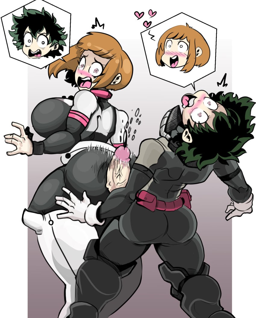 1boy 1girls big_ass big_breasts big_penis blushing body_swap bodysuit boots brown_hair cum cumshot ejaculation izuku_midoriya muscles my_hero_academia ochako_uraraka onat shounen_jump superheroine surprised tagme white_boots