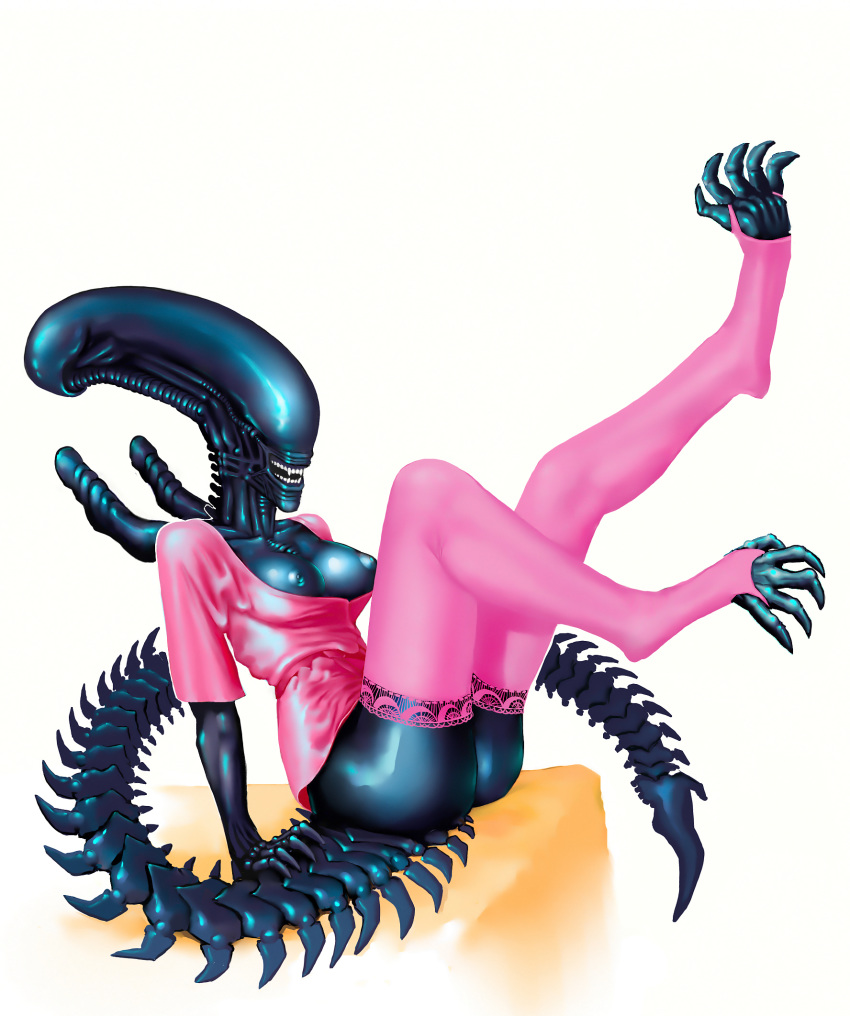 1girls 5_fingers 5_toes alien alien_(franchise) alien_girl anthro belt black_nipples black_skin bottomless breasts claws clothed clothes digitigrade exposed_breasts female female_xenomorph half-dressed hi_res legwear lingerie meandraco nipples open_mouth pink_skirt pose queen royalty rubber shiny shirt simple_background sitting solo stockings teeth toes vein white_background xenomorph