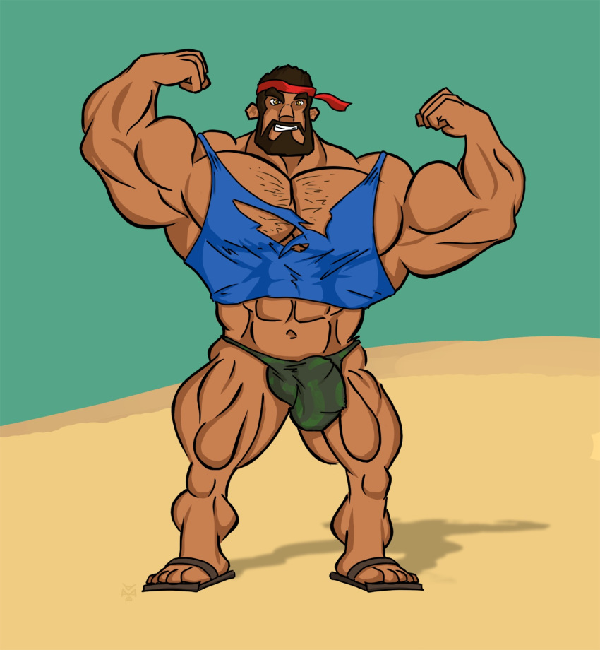 amber_eyes bara beefy biceps big_balls big_muscles boom_beach brown_hair bulge flexing hairy headband heavy heavy_(boom_beach) male male_only muscles pecs penis posing sandals smiling speedo torn_clothes torn_shirt yaoi