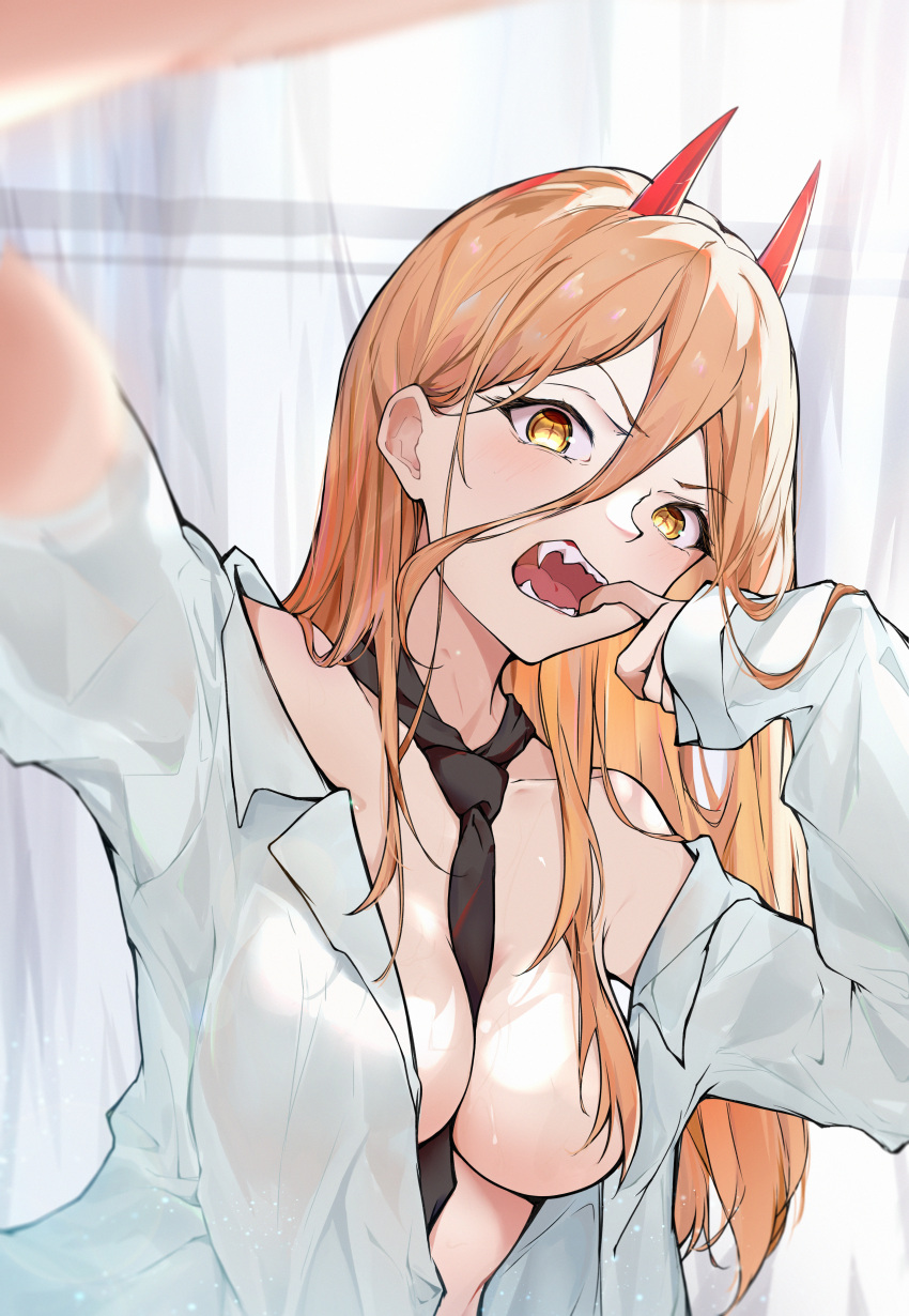 1girls big_breasts blonde_hair breasts chainsaw_man demon demon_girl demon_horns exposed_breasts eye_contact female female_focus female_only hermityy horns long_hair looking_at_viewer orange_eyes partially_clothed power_(chainsaw_man) sharp_teeth solo upper_body wet_clothes