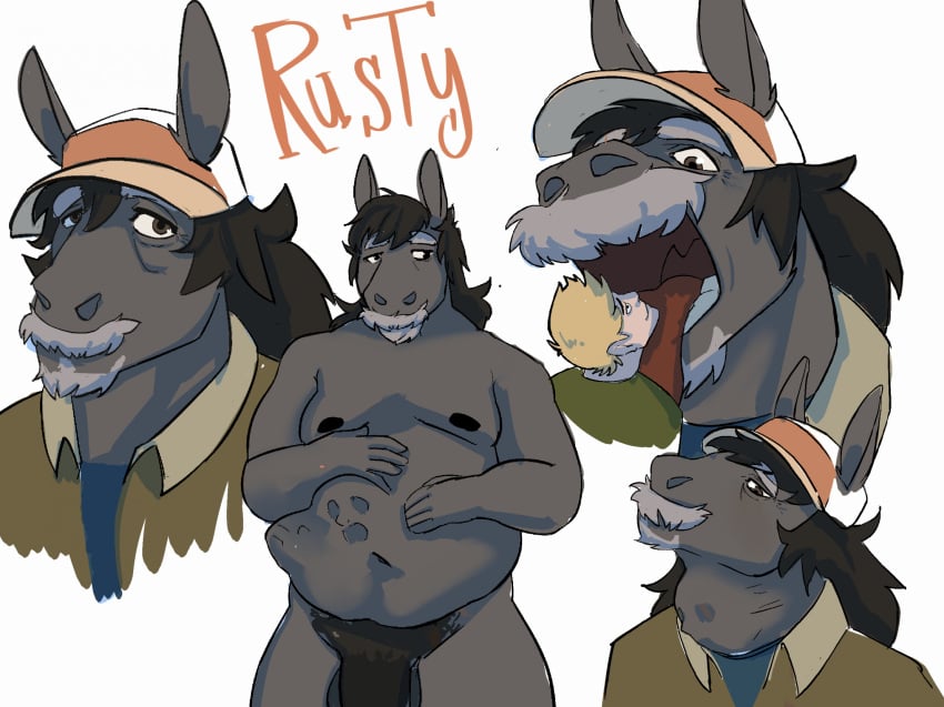 anthro asinus balls belly big_belly blonde_hair brown_eyes character_name clothed clothing colored donkey elderly equid equine facial_hair genitals goatee green_clothing green_shirt green_topwear hair hand_on_belly hat headgear headwear hi_res human human_prey male mammal moustache nipples nude open_mouth oral_vore orange_text pale_skin penis rusty_(stufferzz) shirt simple_background solo standing stomach_bulge stufferzz swallowing text tongue topwear vore white_background