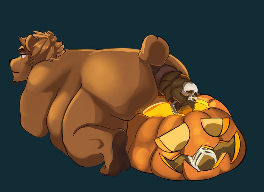after_vore anthro anus ass bear belly big_belly blue_background bone bones_in_feces brown_body brown_eyes brown_feces brown_fur brown_hair colored death disposal fatal_vore feces feces_in_ass feces_on_ground feces_pile feet food fruit fur hair halloween hi_res holidays huge_belly human human_prey human_skull jack-o'-lantern male male_pred mammal navy_blue_background nude nude_pred overweight overweight_male plant pooping_in_pumpkin pooping_on_floor puffy_anus pumpkin rear_view rib_cage scat simple_background skull skull_in_anus solo stufferzz tail vore