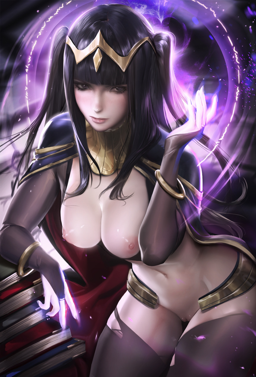 1girls black_hair bodystocking bodysuit bra bracelet cape circlet cleavage female female_only fire_emblem fire_emblem_awakening large_breasts loincloth long_hair navel nintendo nipples sakimichan see-through solo tharja_(fire_emblem) torn_pantyhose