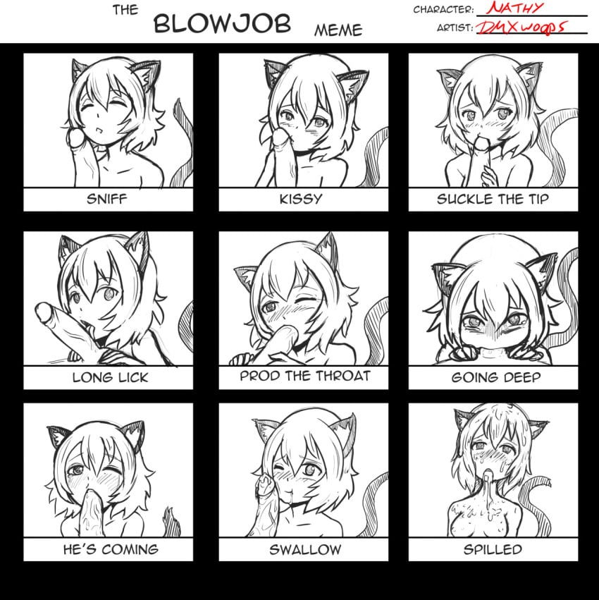 animal_ears animal_humanoid animal_tail bunny_and_fox_world catgirl cum cum_in_mouth dmxwoops erection fellatio monochrome nathy oral oral_sex penis