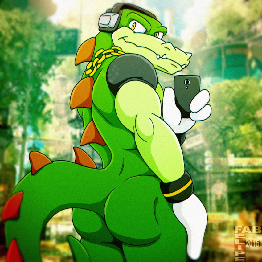 1boy anthro ass back biceps cellphone chains clothing crocodile fabfelipe fangs gloves green_skin headgear headphones horn looking_at_viewer looking_back male male_only manly muscular necklace nude outside phone pose presenting presenting_hindquarters reptile scales scalie selfie sharp_teeth smile solo sonic_(series) standing teeth toned vector_the_crocodile yellow_eyes