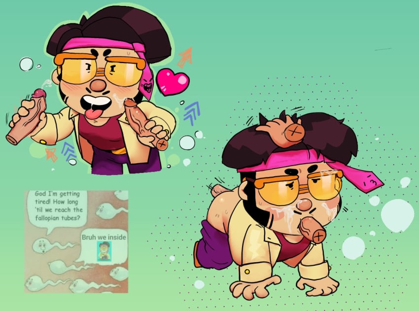 bara belly blowjob blushing brawl_stars bulge_through_clothing butt_naked cartoony clothed cum_in_cheeks cum_in_nose cum_on_face cum_string daddy deep_penetration disembodied_hand double_handjob drunk drunk_bubble gay half_naked heart jae-yong_(brawl_stars) jajipower looking_up_at_partner mature movement_lines on_fours open_clothing open_mouth oral_while_penetrated panting pants_down penis petting_head pleasured_face saliva_trail sex short_male simple_background sweating