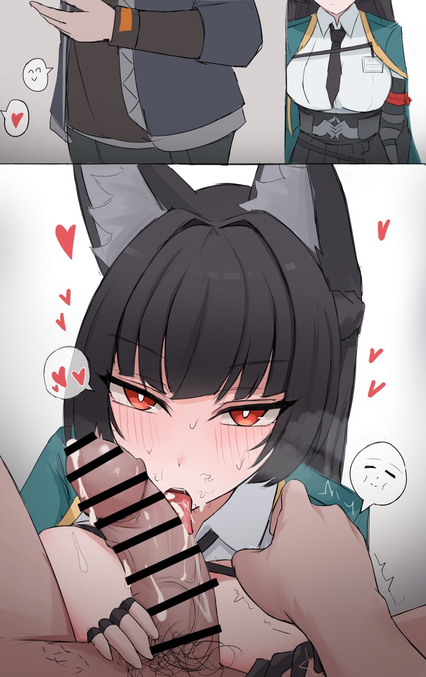 1boy 1girls absurd_res after_fellatio big_breasts black_hair blowjob blush breasts breasts_out censor_bar censored clothed clothing cum cum_in_mouth fellatio female fox_ears fox_girl heart hearts_around_head hi_res hoshimi_miyabi large_breasts licking licking_penis looking_at_viewer male namikare open_mouth oral penis pov pov_eye_contact pubic_hair red_eyes saliva saliva_on_penis simple_background tongue tongue_out wise_(zenless_zone_zero) zenless_zone_zero