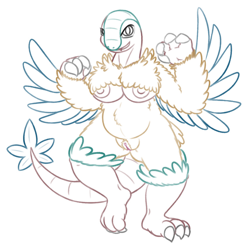 anthro archeops avian breasts claws feathers female looking_at_viewer mammal nintendo nipples nude pokemon posexe pussy simple_background smile solo video_games white_background wings