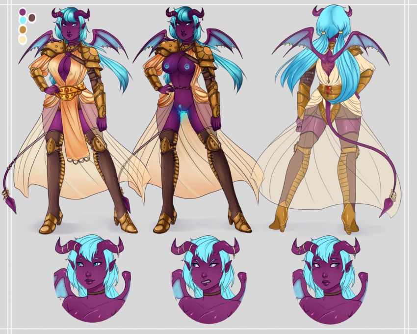 armor blue_eyes blue_hair horns lady_amaranthine model_sheet piercing purple_skin succubus tail wings