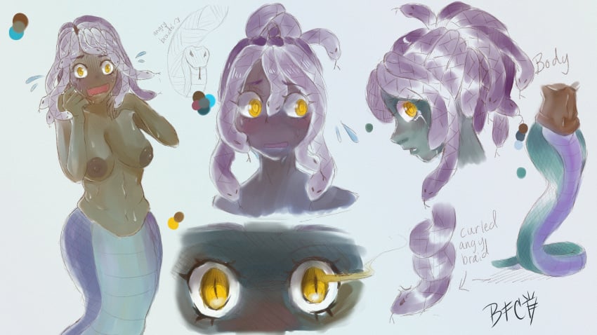 big_breasts blueflamecarrot breasts gorgon lamia medusa purple_hair shy shy_expression snake_girl snake_hair snakes yellow_eyes