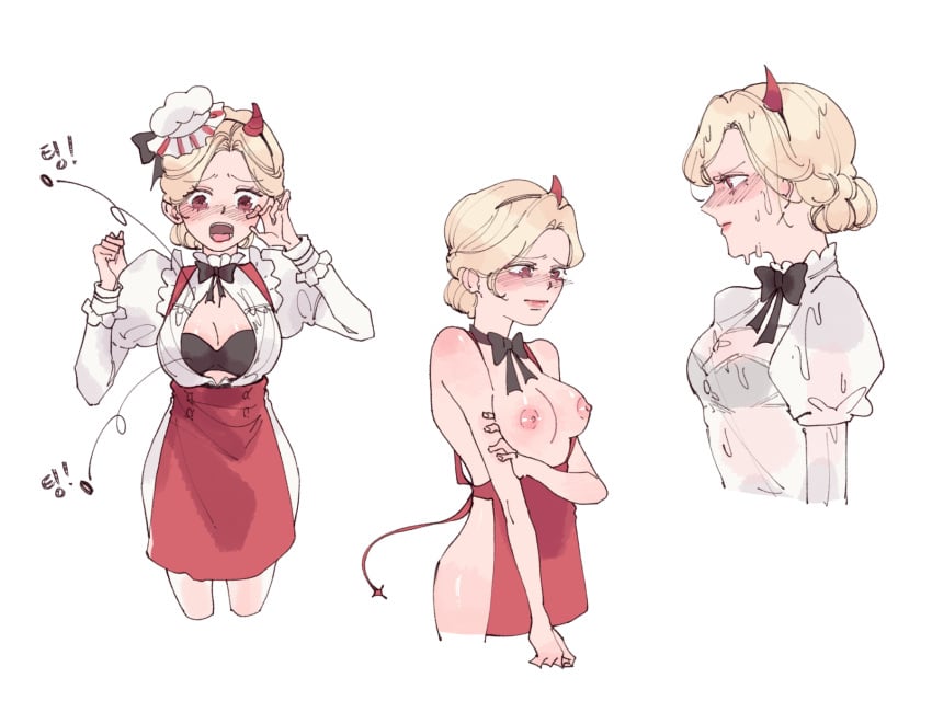 1girls apron apron_only black_bra blonde_hair blouse blush blush bra breasts cleavage demon_horns female flying_button hair_bun hat horns identity_v kfc medium_breasts nipples open_mouth pk_(artist) popped_button red_apron red_eyes see-through short_hair standing tail vera_nair wardrobe_malfunction