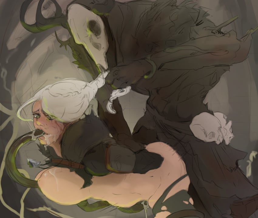 1boy 1girls 2025 ass big_ass big_breasts breasts cd_projekt_red ciri creature cum cum_in_mouth cum_in_pussy cum_inside deer_skull defeated defeated_heroine doggy_style female grass green_eyes green_tentacles hanging_breasts hi_res horns interspecies leshen leshen_(the_witcher) long_hair male male/female male_penetrating male_penetrating_female mask masked masked_male midnight_teeth monster monster_penetrating mouth_stuffed nature_spirit oral oral_penetration oral_sex outdoors outside plant plant_monster plant_tentacle ponytail prison_guard_position questionable_consent restrained ripped_clothing rough_sex sex skull skull_head skull_mask stomach_bulge tentacle tentacle_in_mouth tentacle_sex the_witcher_(series) the_witcher_3:_wild_hunt the_witcher_4 thick_thighs thighs video_games vine_tentacles vines white_hair