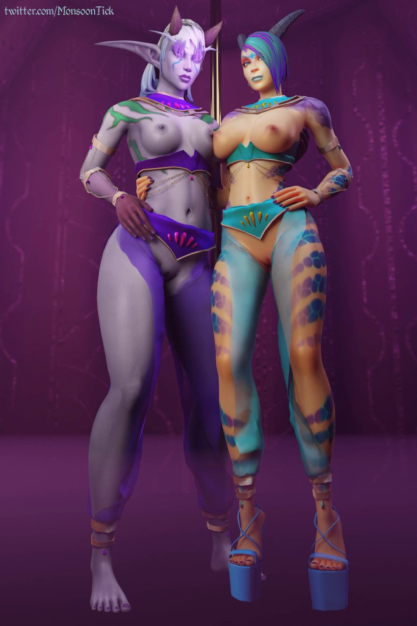2girls aki-lo_(monsoontick) belly_dancer breasts dancer dancer_outfit dracthyr_(visage) elanaris_(monsoontick) female heels monsoontick oiled_skin pussy warcraft world_of_warcraft