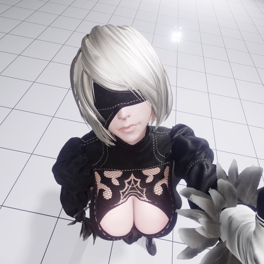 breasts from_above presenting smirk white_tiles yorha_2b