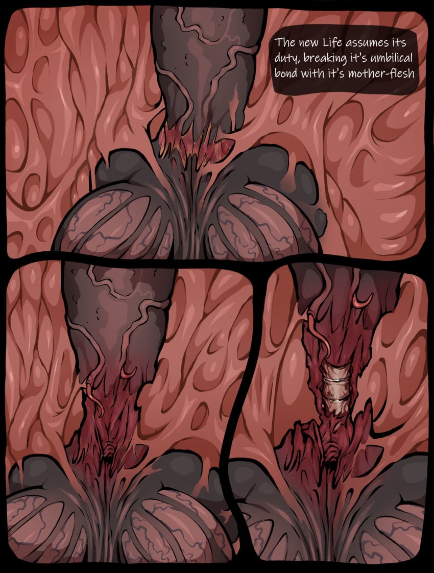 absurd_res after_transformation alien anthro backbone big_breasts black_body black_fur body_horror breasts comic decapitation domestic_cat english_text felid feline felis female flesh flesh_wall fur gore gore_focus hi_res huge_breasts kolkolukija mammal solo spine swollen tearing tentacle text throat transformation vein xenophilia