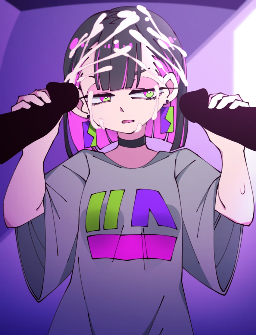 1girls 2boys annoyed annoyed_expression black_choker bob_cut choker cum cum_on_face double_handjob earrings female handjob male multiple_penises mv_character nazunobasho nira-chan penis purple_background shirt squint threesome two_tone_hair zutomayo