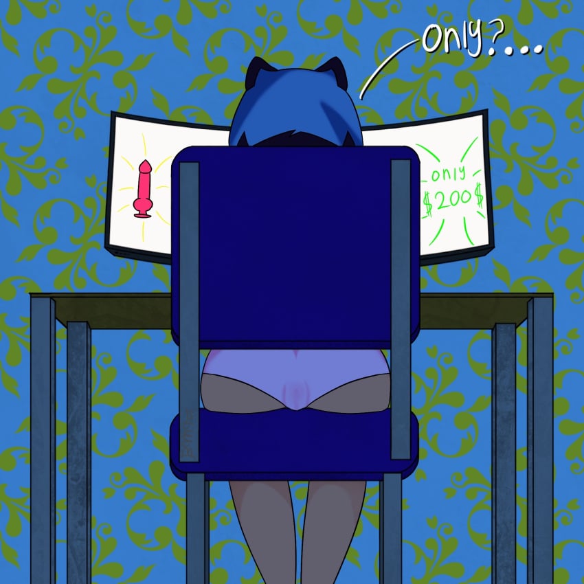 1:1 anthro ass blue_hair bodily_fluids brand_new_animal brown_body brown_fur bruhmantwt camel_toe canid canine clothed clothing computer dildo electronics female fur genital_fluids genitals hair hi_res mammal michiru_kagemori panties raccoon_dog sex_toy sitting solo studio_trigger tanuki text underwear vaginal_fluids