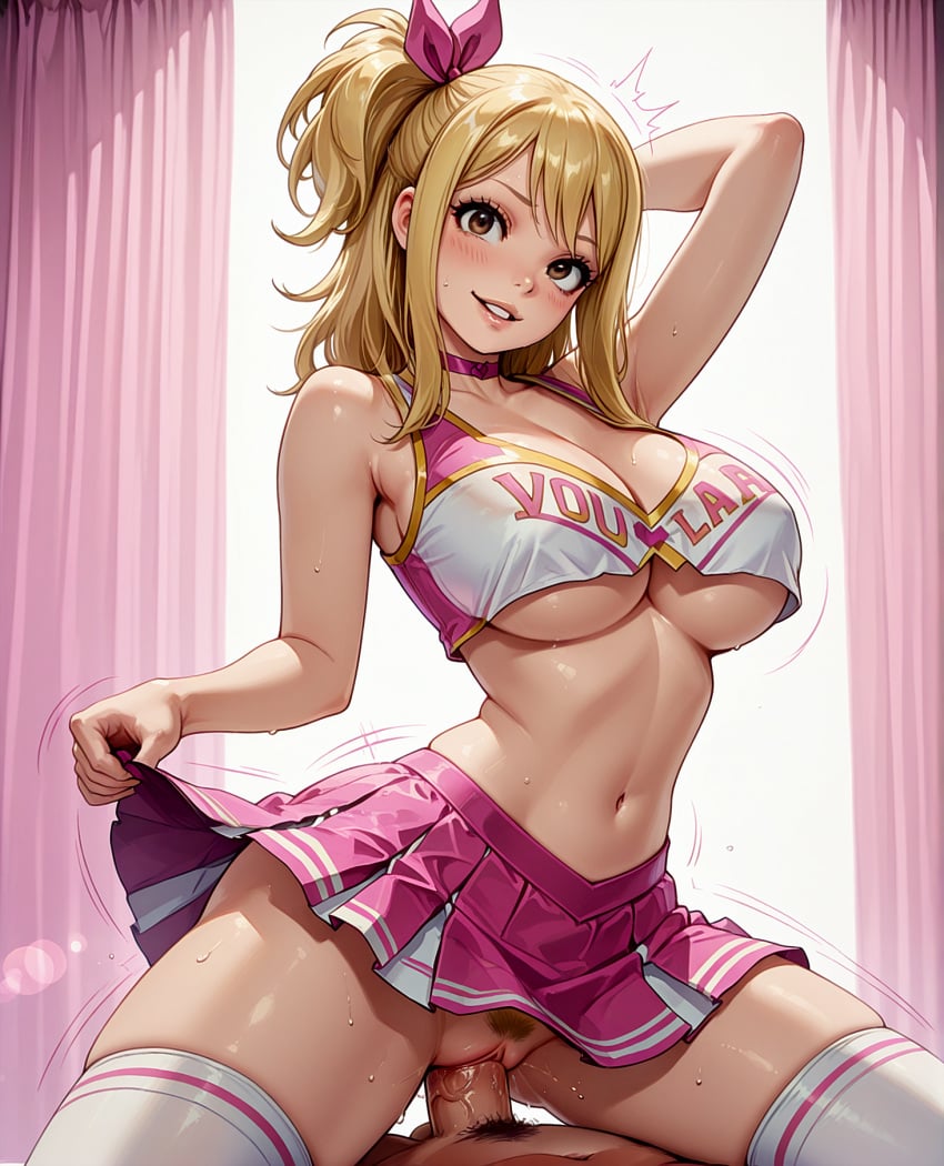 ai_generated blonde_hair cheerleader crop_top fairy_tail illustrious_(stable_diffusion) large_breasts long_hair looking_at_viewer lucy_heartfilia navel payop pov pubic_hair skirt smile stockings thighhighs uncensored underboob upskirt vaginal_penetration vaginal_sex