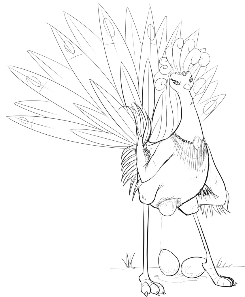 1girls artist_request avian bird chiquis egg egg_laying feathers female feral huevocartoon line_art monochrome simple_background tail_feathers un_gallo_con_muchos_huevos white_background