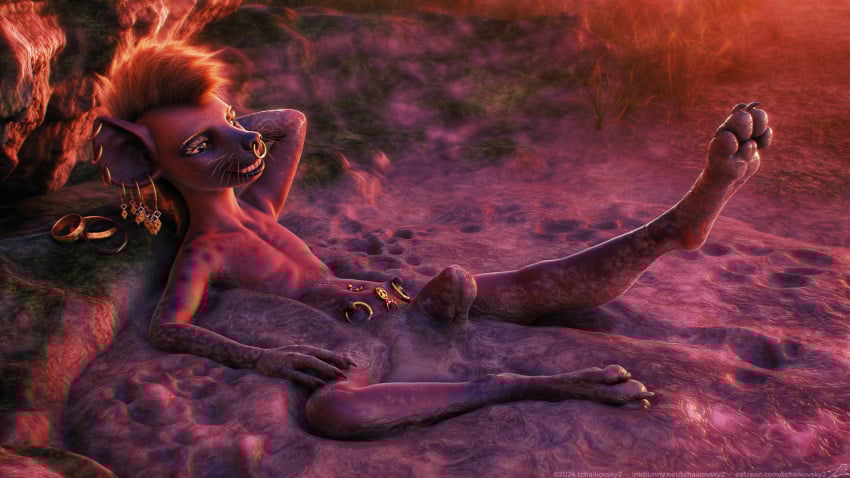 16:9 2024 3d alasiri_kivuli anatomically_correct anatomically_correct_genitalia anatomically_correct_pussy animal_genitalia anthro digital_media_(artwork) featureless_chest feet female flat_chested foot_focus furgonomics furry-specific_piercing genitals hi_res hyena lounging mammal mud mudbath muddy paws piercing pinup pose pseudo-penis pussy relaxing solo spotted_hyena sunset tagme tchaikovsky2 teat_piercing teats text url warm widescreen