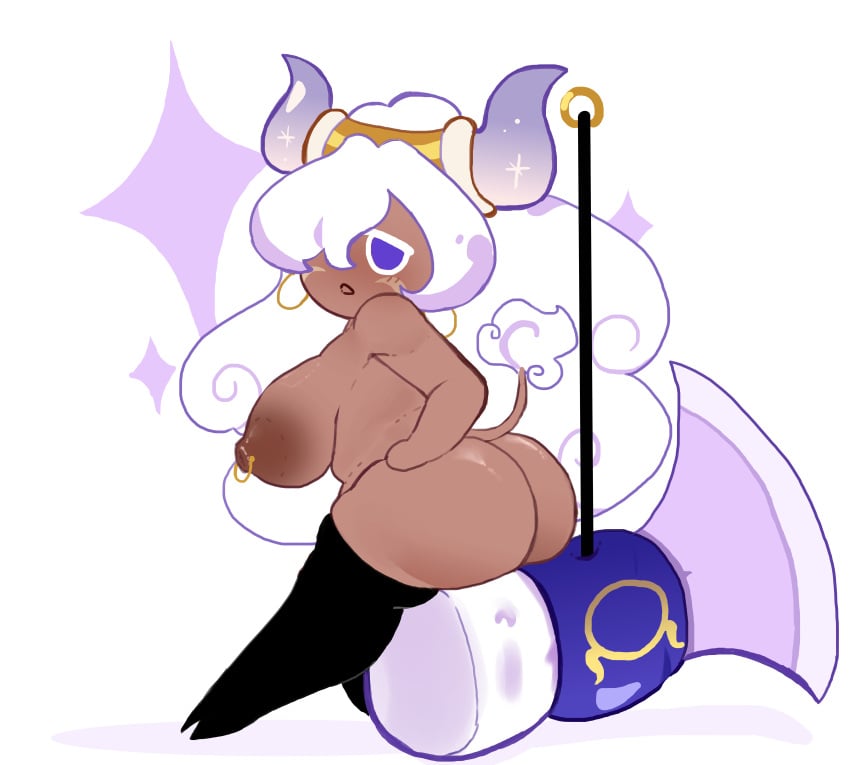 behind big_ass cookie_run cookie_run_ovenbreak cow_girl cow_tail female female_focus looking magpiered nipple_piercing nipples sitting taurus_cookie