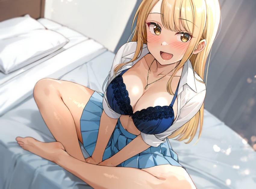 1girls :d absurdres barefoot bed bedroom between_legs blonde_hair blue_bra blue_skirt blush bra breasts cleavage collarbone collared_shirt curtains feet female hand_between_legs highres indian_style jewelry large_breasts long_hair looking_at_viewer navel necklace on_bed open_clothes open_mouth open_shirt original pleated_skirt school_uniform shiitake_taishi shirt sidelocks sitting skirt sleeves_rolled_up smile solo thighs toes underwear white_shirt yellow_eyes